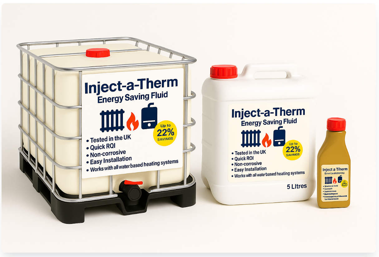 Inject-a-Therm product range — 1000L IBC, 5L container, and 1L bottle
