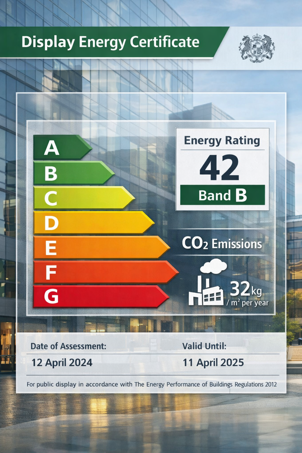 Example Display Energy Certificate showing an A–G rating band, energy rating 42 (Band B) and CO2 emissions of 32kg/m² per year